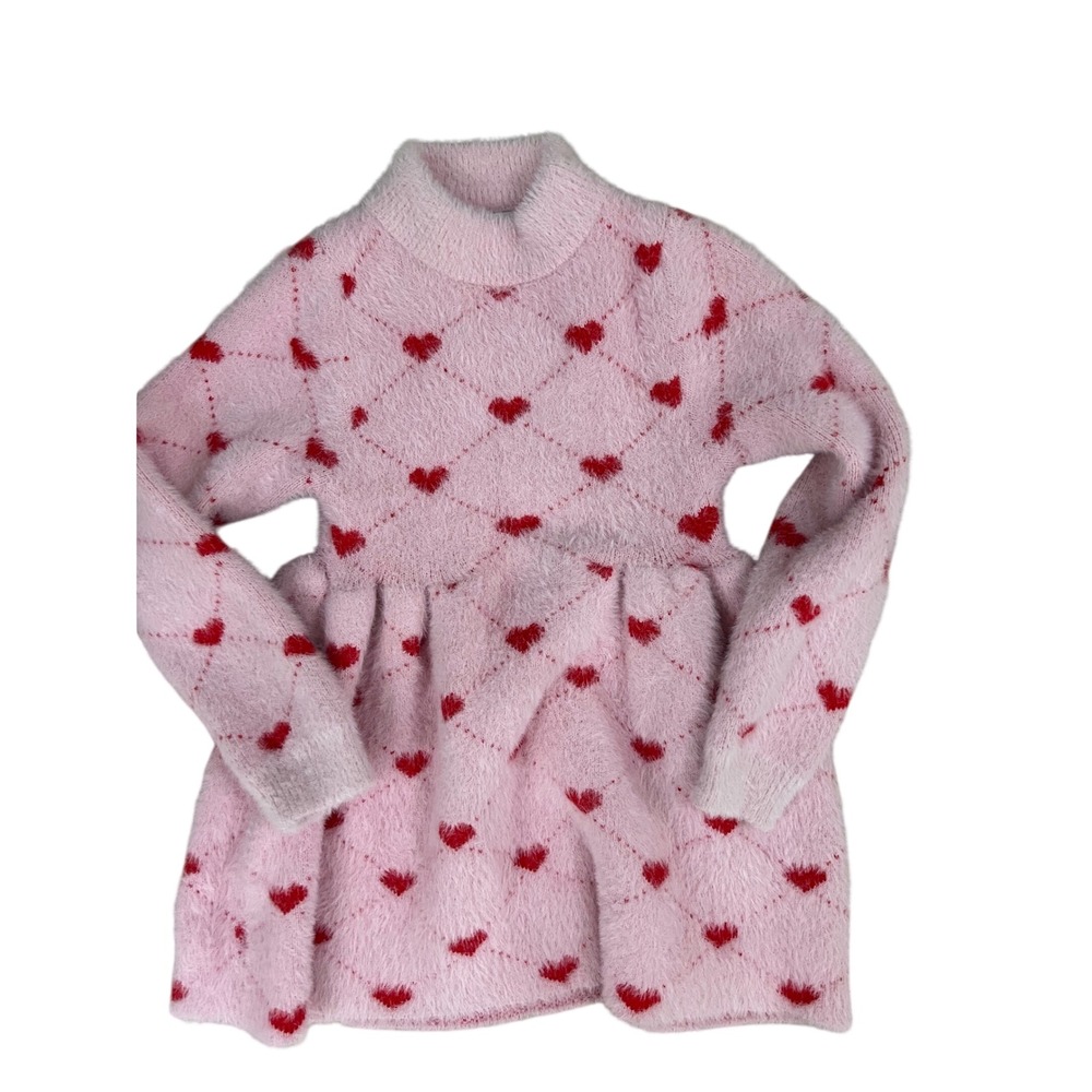 Lola + The Boys Sweater Dress Kids 4-5Y Pink Heart Fuzzy Knit Mock Neck